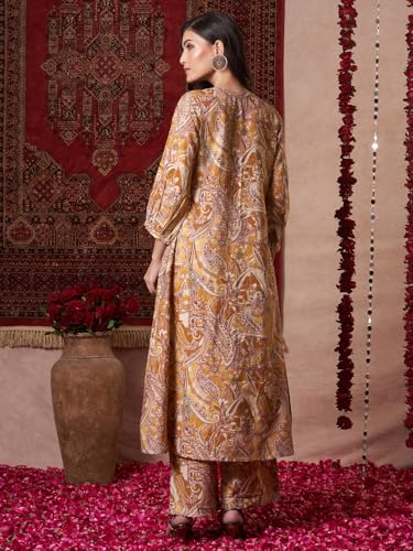 Anni Designer Women'S Rayon Blend Straight Printed Kurta With Pant (Marco Yellow_Xxl_Yellow_Xx-Large),Yellow,2XL,Rayon Blend,Straight,