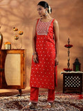 Libas Womens Woven Design Silk Blend Straight Kurta With Trousers And Dupatta Orange L