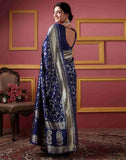 Sugathari Womens Banarasi Saree Pure Kanjivaram Silk Saree Soft New Ladies 2023 Design Wear Pattu Sarees Latest Party Sari Collections With Blouse Piece For Wedding Sadi (San Pari-182 Navy Blue)