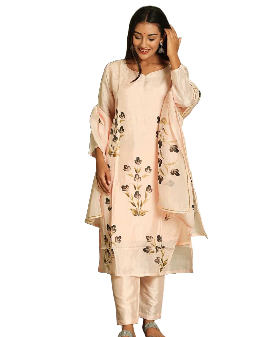 Anni Designer Women'S Cotton Blend Straight Printed Kurta With Pant & Dupatta (Bursh-Peach-Nw_M_Peach_Medium),Peach,M,,,