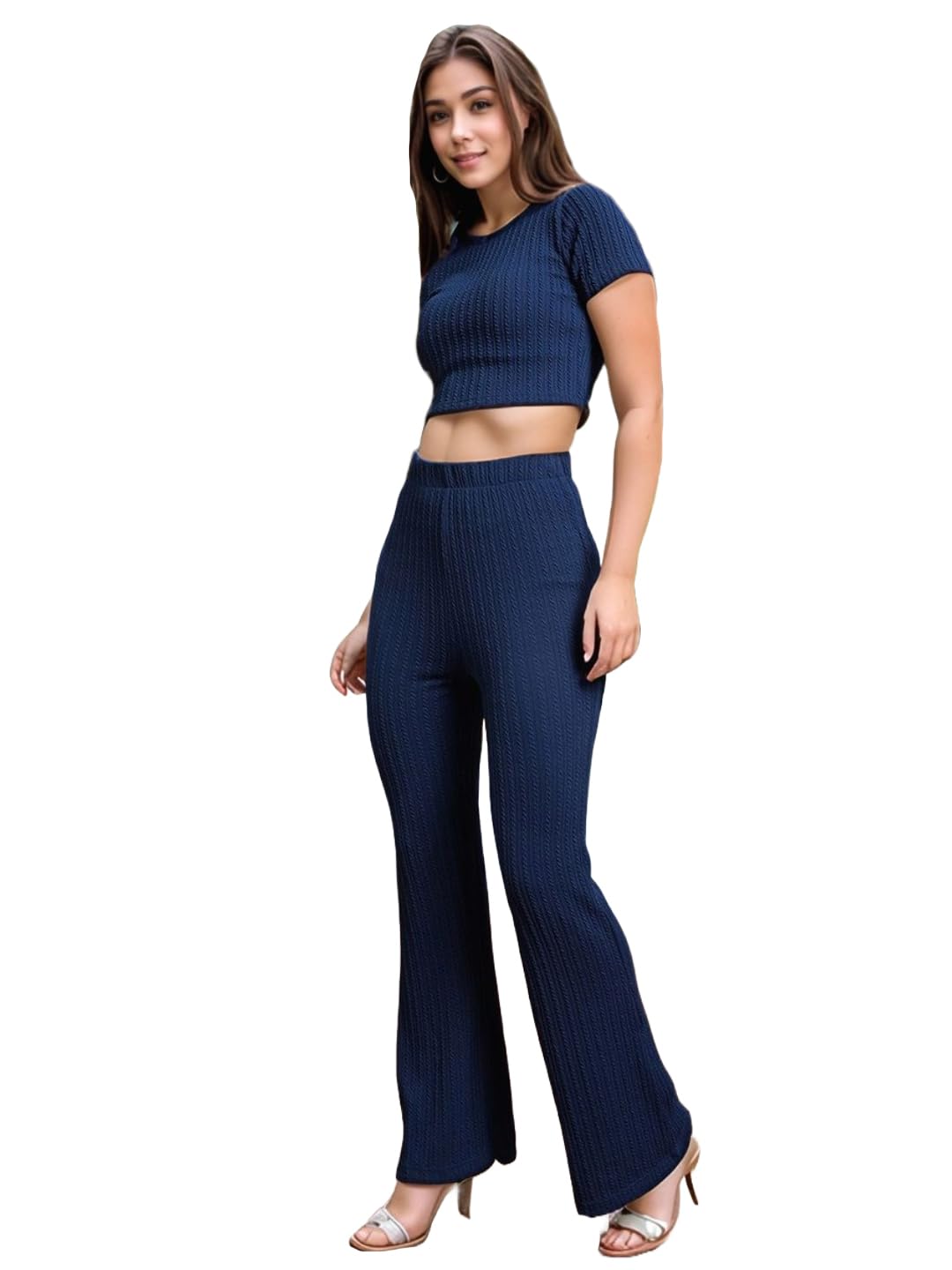 Anni Designer Women'S Rayon Viscose Solid Top & Flared Trousers Set (Sumaira Blue_S_Blue_Small),Blue,S