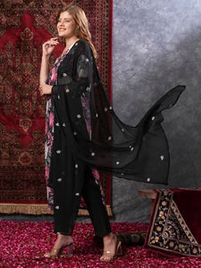 Gosriki Women'S Rayon Blend Straight Printed Kurta With Pant & Dupatta (Poona Black-Vks01-Gs_S_Black_Small),Black,,B0D9YTDKKQ