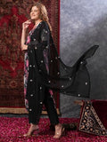 Gosriki Women'S Rayon Blend Straight Printed Kurta With Pant & Dupatta (Poona Black-Vks01-Gs_S_Black_Small),Black,,B0D9YTDKKQ