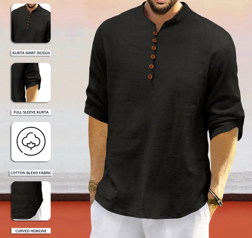 Royalscout Men'S Cotton Polyester Blend Solid Regular Fit Full Sleeve Short Kurta | Ethnic, Lightweight Summer Kurta For Daily & Occasion Use Black