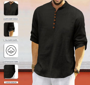 Royalscout Men'S Cotton Polyester Blend Solid Regular Fit Full Sleeve Short Kurta | Ethnic, Lightweight Summer Kurta For Daily & Occasion Use Black