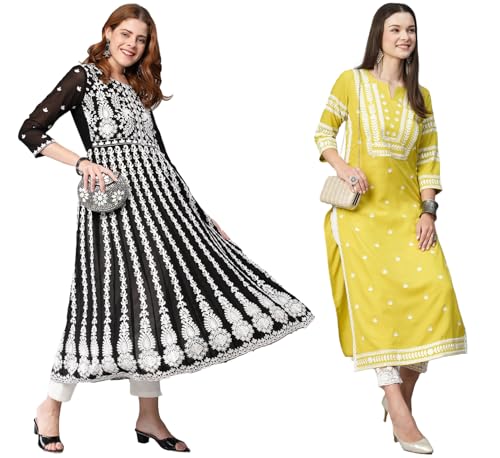 Gosriki Women'S Chikankari Embroidered Kurti Combo Pack Of 2 (Kari Black & Stho Yellow-Gs_3Xl_Multi_Xxx-Large),Multicolour,3,B0D17XG77X