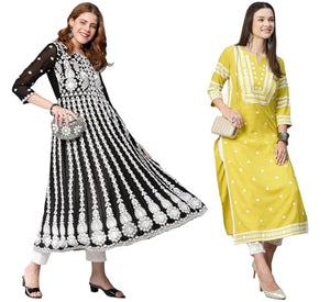 Gosriki Women'S Chikankari Embroidered Kurti Combo Pack Of 2 (Kari Black & Stho Yellow-Gs_3Xl_Multi_Xxx-Large),Multicolour,3,B0D17XG77X
