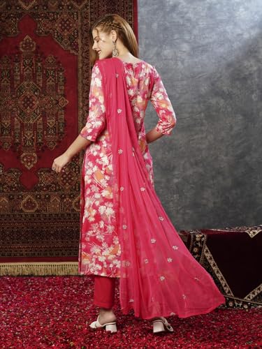 Anni Designer Women'S Cotton Blend Printed Straight Kurta With Pant & Dupatta (Bhadrusha Pink_Xxl_Pink_Xx-Large),Pink,2XL,Cotton Blend,Regular,