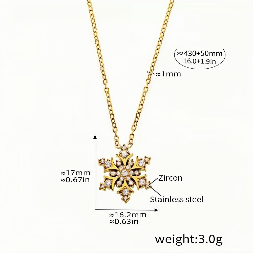 Snowflake Zircon Pendant Necklace 18K Gold-Plated Stainless Steel, Sparkling Winter-Inspired Jewelry 16.0''+1.9'' Chain, 3g