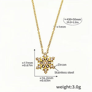 Snowflake Zircon Pendant Necklace 18K Gold-Plated Stainless Steel, Sparkling Winter-Inspired Jewelry 16.0''+1.9'' Chain, 3g