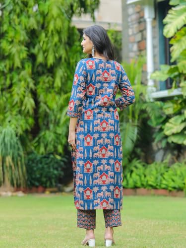 Anni Designer Women'S Cotton Blend Straight Printed Kurta With Pant (Kagali Blue_Xxl_Blue_Xx-Large),Blue,2XL,Cotton Blend,Regular,