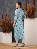 Gosriki Women'S Cotton Blend Straight Printed Kurta With Pant (Bhutam Blue-Gs_M_Blue_Medium),Blue,,B0D5VKZ1X5