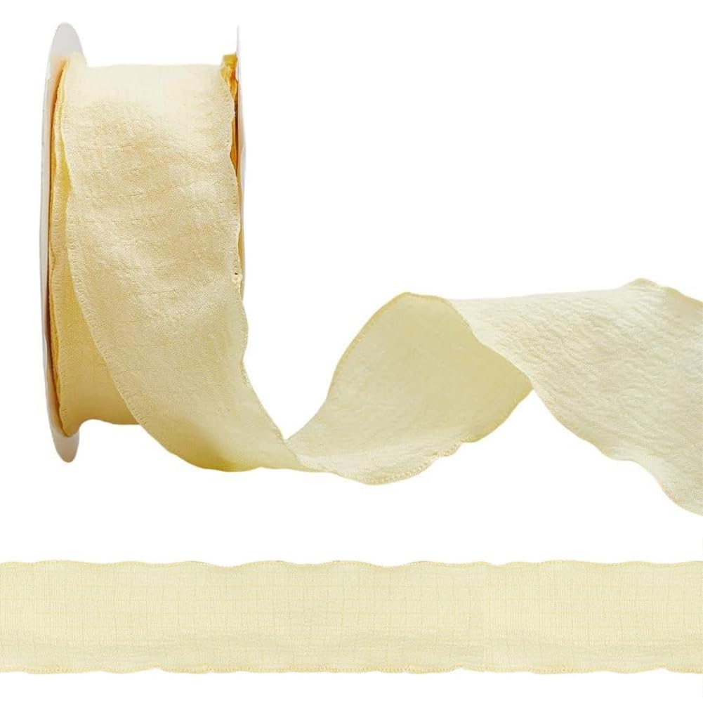 CABODYALS 10 Yards 1 Inch Ruffle Edge Ribbon Yellow Double Ruffled Pleated Soild Chiffon Silk Polyester Gathered Fabric Satin Ri