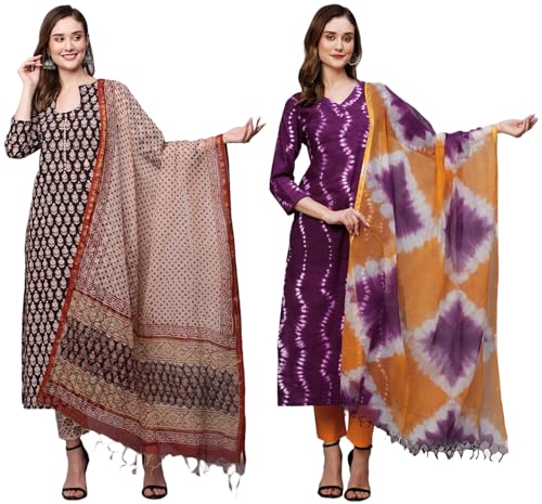 Anni Designer Women'S Cotton Blend Printed Straight Kurta With Pant & Dupatta Pack Of 2 (Combo-Nayantara Black-Mukhi Pink_Xxl_Multi_Xx-Large),Multicolour,2XL