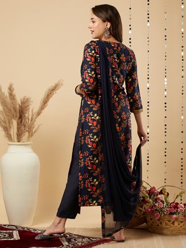 Anni Designer Women'S Cotton Blend Printed Straight Kurta And Pant With Dupatta Set (Kaleping-Blue-Nw_S_Blue_Small),Blue,S,Cotton Blend,Regular,