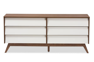 Baxton Studio Hildon 6 Drawer Double Dresser In White And Walnut Brown