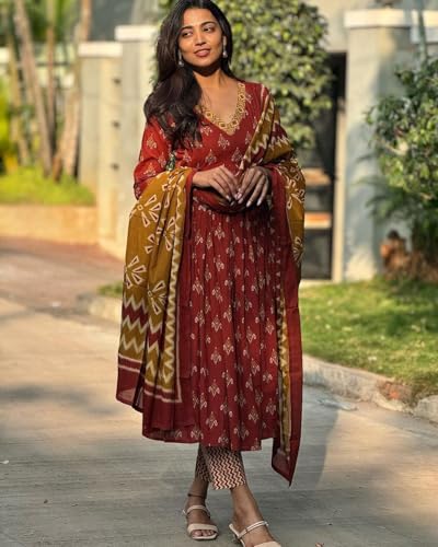 Gosriki Women'S Rayon Blend Anarkali Printed Kurta With Pant & Dupatta (Nirmal Maroon-Gs_M_Maroon_Medium),Maroon,,B0DBM36YJ2