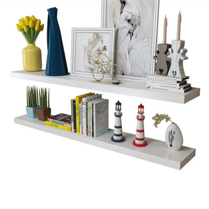 2 White Mdf Floating Wall Display Shelves Book/Dvd Storage