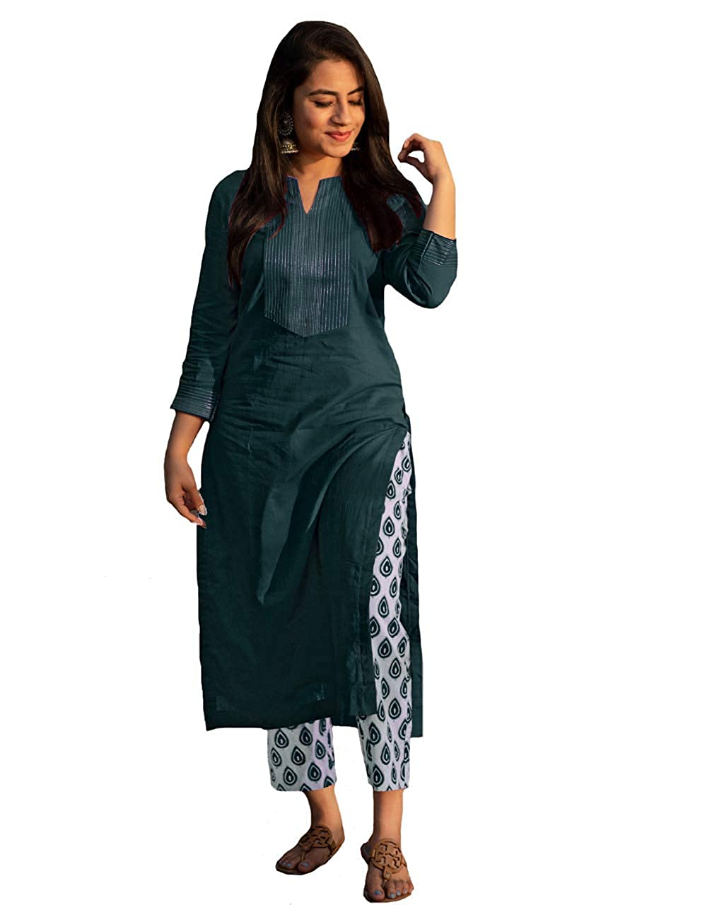 Anni Designer Women'S Cotton Straight Kurta With Palazzo (Ats Green New_S_Green_Small),Green,S