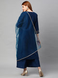 Anni Designer Women'S Cotton Blend Solid Straight Kurta With Palazzos & Dupatta (Dharan-Cerosin_L_Dark Blue_Large),Dark Blue,L,Cotton Blend,Regular,Dupatta