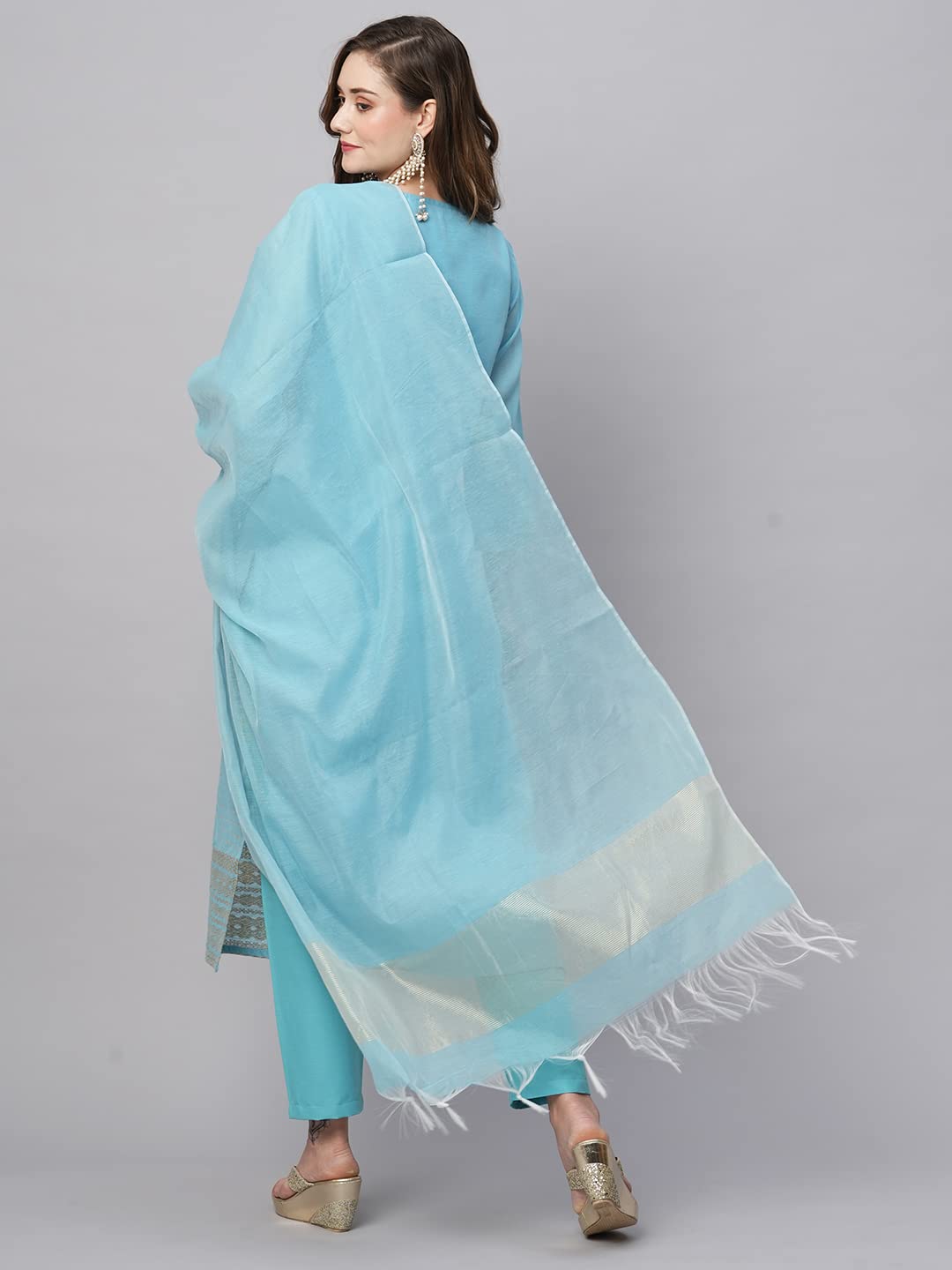 Anni Designer Women'S Cotton Blend Straight Solid Kurta With Pant & Dupatta (Lahar-Firozi_M_Sky Blue_Medium),Sky Blue,M,Cotton Blend,Regular,Dupatta