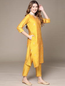 Anubhutee Women'S Cotton Yellow Ethnic Motifs Printed Straight Kurta Suit Set With Pants Yellow M
