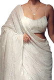 Flosive Women's Thread Sequence Work Georgette Saree With Blouse (WHITE)
