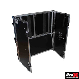 Prox Xs-Djstn Flight Case Style Folding Dj Table And Workstation With Smooth Rolling Wheels