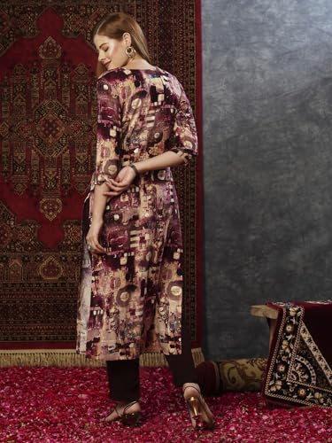 Anni Designer Women'S Cotton Blend Straight Printed Kurta With Pant (Rai Wine-Nw_Xxl_Wine_Xx-Large),Wine,2XL,Cotton Blend,Regular,