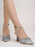 Women'S Silver Satin High Heel Sandals Pointed Toe Party Heels With Rhinestone Bow & Ankle Strap Elegant Stilettos For Weddings & Events Eu36,Silver,3,B0DJJWQLF4