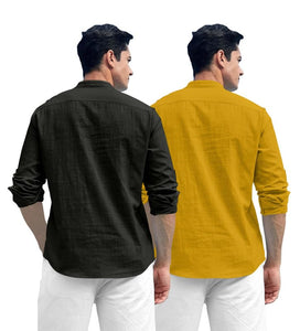 Royalscout Combo Of Men'S Solid Cotton Blend Full Sleeve Straight Kurta Shirt (Pack Of 2) Black-Gold