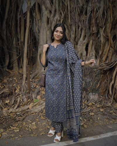 Anni Designer Women'S Rayon Blend Straight Printed Kurta With Pant & Dupatta (Kamiganj Blue_Xxl_Blue_Xx-Large),Blue,2XL,Rayon Blend,Regular,Dupatta