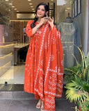 Gosriki Women'S Rayon Viscose Anarkali Printed Kurta With Pant & Dupatta (Etasha Orange-Gs_Xl_Orange_X-Large),Orange,,B0F9X6R12W