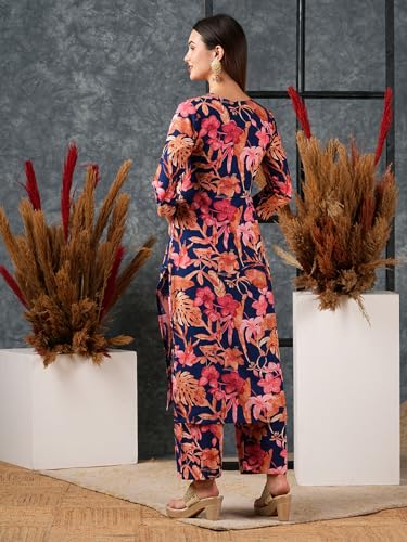 Anni Designer Women'S Cotton Blend Straight Printed Kurta With Palazzo (Chinki Blue-Nw_M_Blue_Medium),Blue,M,Cotton Blend,Regular,
