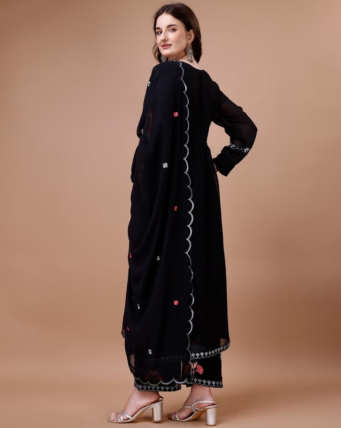 Fashion Basket Women'S Faux Georgette Embroidered Straight Kurta With Dupatta (Small, Black)