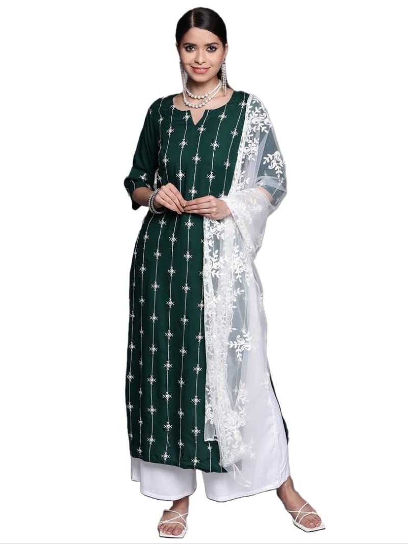 Anni Designer Women'S Cotton Blend Printed Straight Kurta With Pant & Dupatta (Namah108 Multi_Xl_Multicolor_X-Large),Multicolour,XL