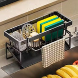 BLUE CRANE Metal Sponge Holder for Kitchen Sink AutoDraining Sink Organizer Caddy with Soap Tray, Dish Brush & TowelBar Hold