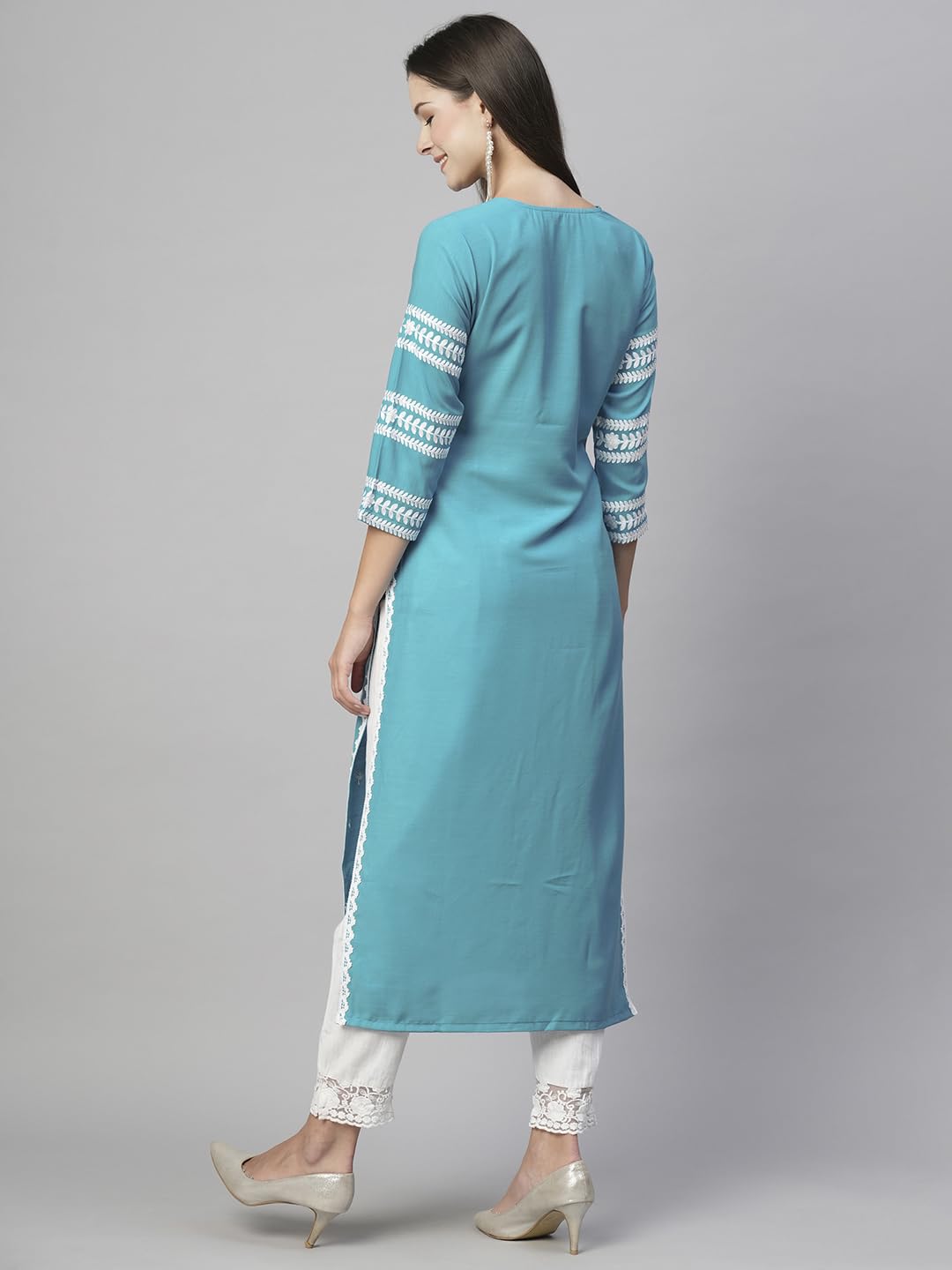Anni Designer Women'S Cotton Blend Chikankari Embroidered Straight Kurta (Stho-Sky Blue-Nw_Xl_Sky Blue_X-Large),Sky Blue,XL,Cotton Blend,Regular,Kurta