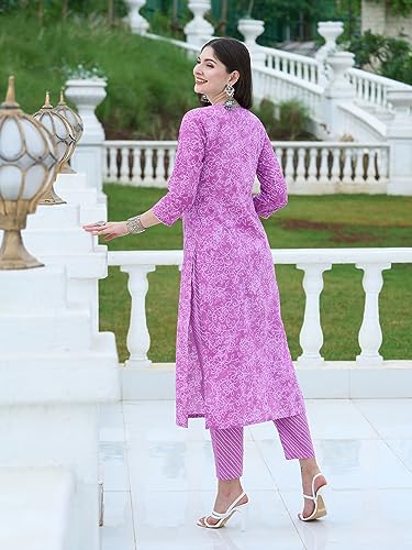 Anni Designer Women'S Cotton Blend Straight Printed Kurta With Pant Set (Edf-Purple_Xxl_Purple_Xx-Large),Purple,2XL,Cotton Blend,Regular,Kurta