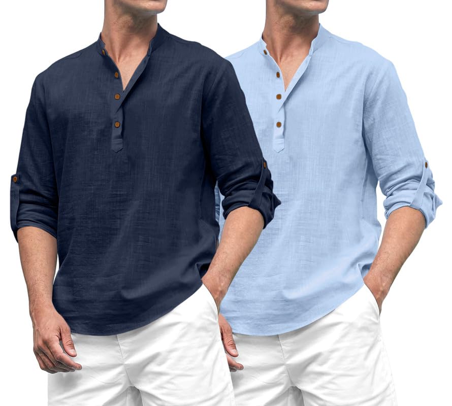 Royalscout Combo Of Men'S Solid Cotton Blend Full Sleeve Straight Kurta Shirt (Pack Of 2) Navy-Sky