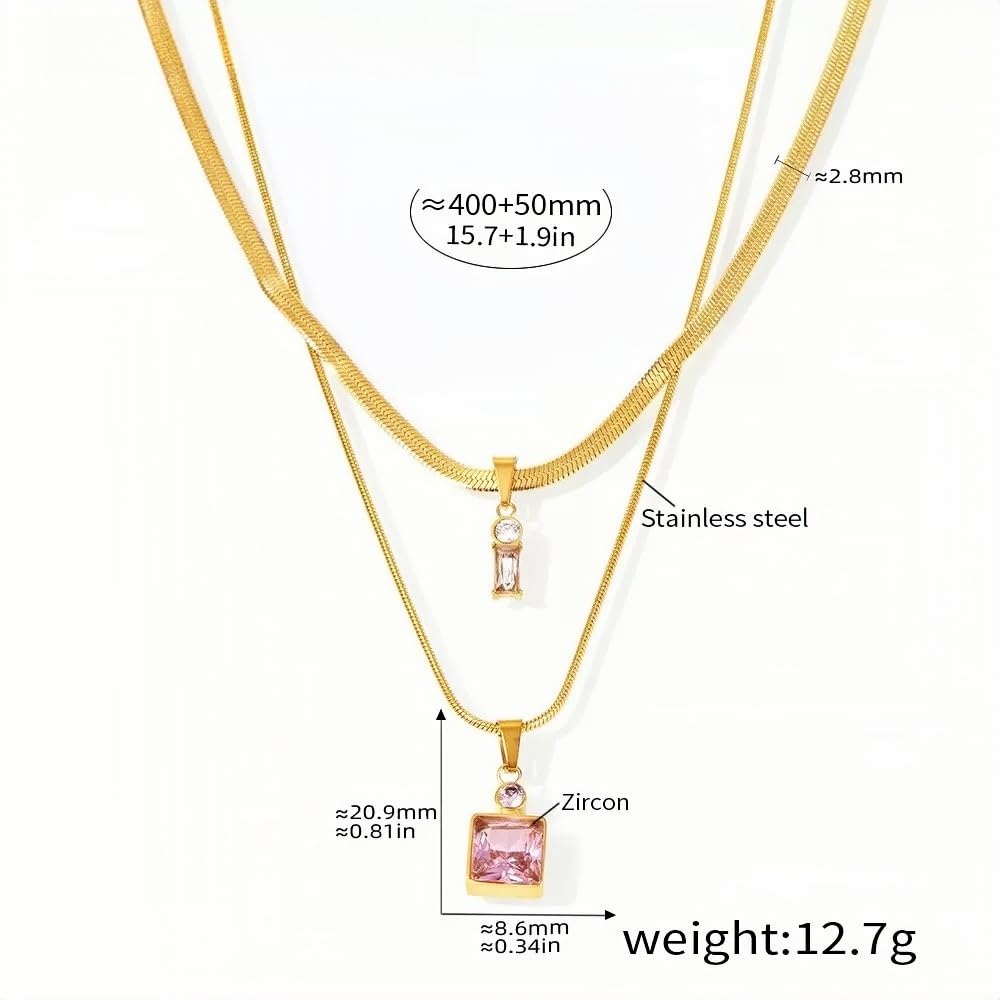 Layered Gold Necklace with Pink Zircon Pendant & Crystal Drop Stainless Steel Adjustable 15.7''+1.9'' Elegant Jewelry for Wom