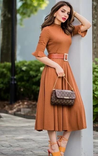 Anni Designer Women'S Lycra Cotton Solid Half Sleeve Belted Flowy Tiered A-Line Dress (Juli-Rust_M_Rust_Medium),Rust,M,Lycra Cotton,Dress,