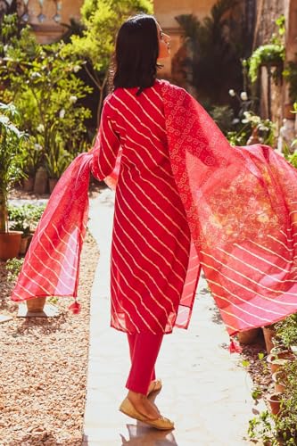 Anni Designer Women'S Cotton Blend Straight Printed Kurta With Pant & Dupatta (Doremi-Pink_S_Pink_Small),Pink,S,Cotton Blend,Regular,