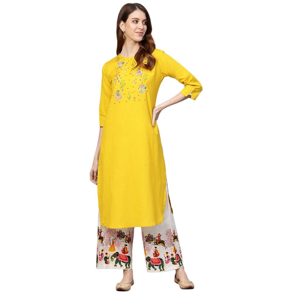 anubhutee Women's Cotton Mustard Yellow Thread Work Ethnic Motifs Yoke Design Straight Kurta Suit Set With Palazzo