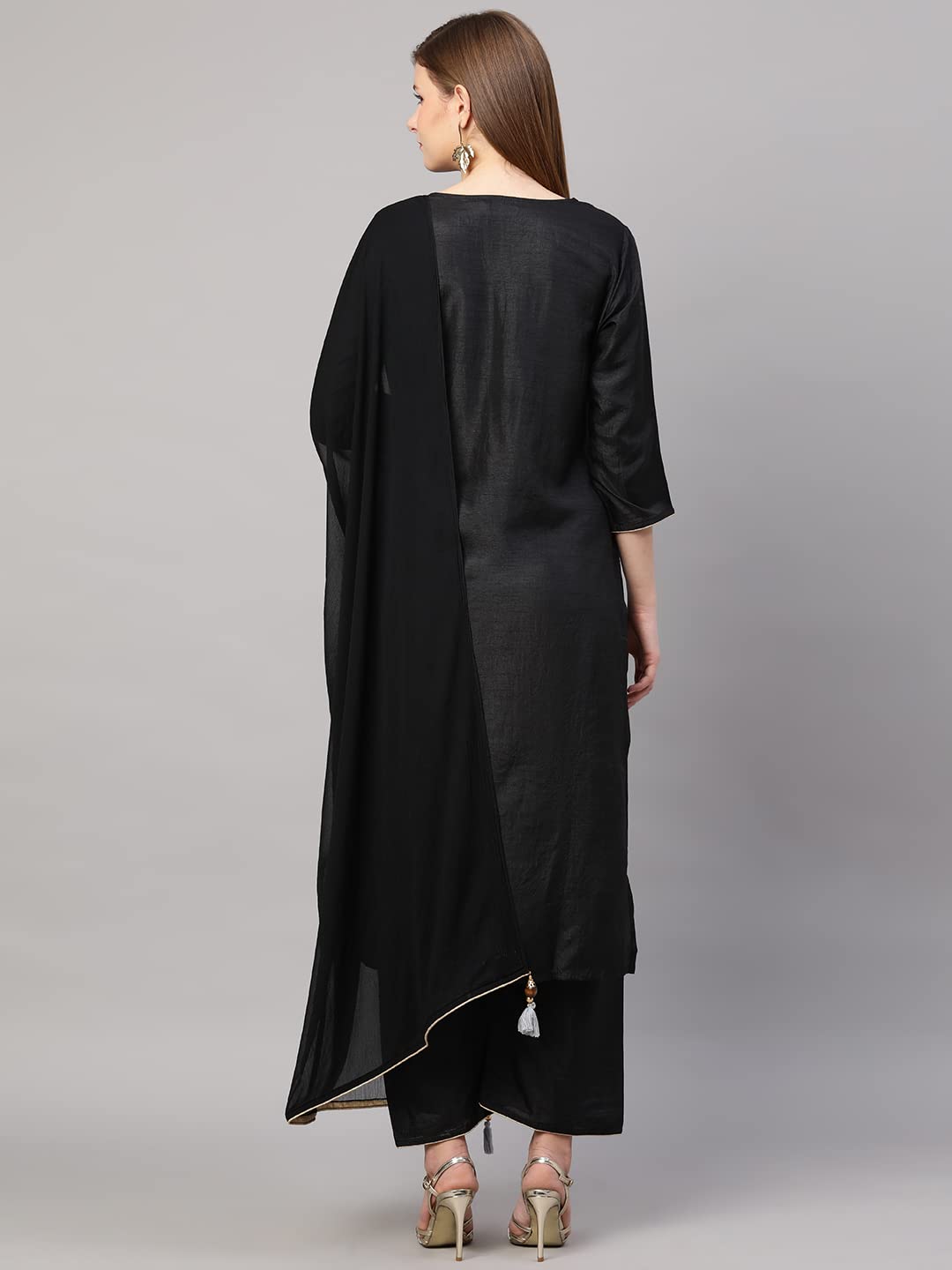 Anni Designer Women'S Cotton Blend Straight Kurta With Palazzo & Dupatta (Dola Black_M_Black_Medium),Black,M,Cotton Blend,Straight,