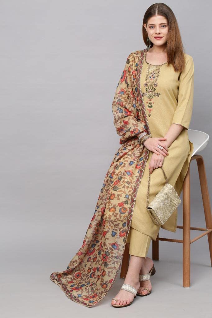 Gosriki Women'S Cotton Blend Straight Printed Kurta With Pant & Dupatta (Authentic Beige_5Xl-Gs_Beige_Xxxxx-Large),Beige,5,B0BLN9VL5X
