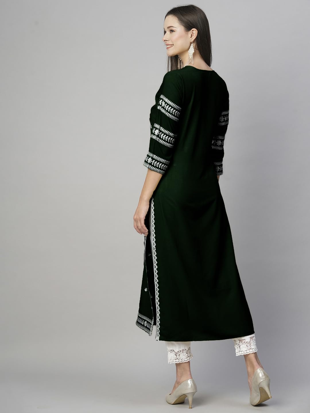 Anni Designer Women'S Cotton Blend Chikankari Embroidered Straight Kurta (Stho-Dark Green_L_Dark Green_Large),Dark Green,L,Cotton Blend,Regular,Kurta