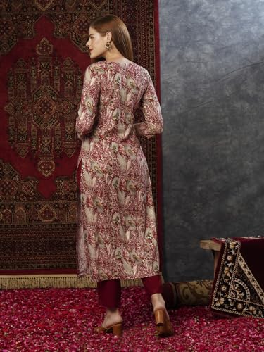 Anni Designer Women'S Cotton Blend Straight Printed Kurta With Pant (Rajrita Maroon-Nw_M_Maroon_Medium),Maroon,M,Cotton Blend,Regular,