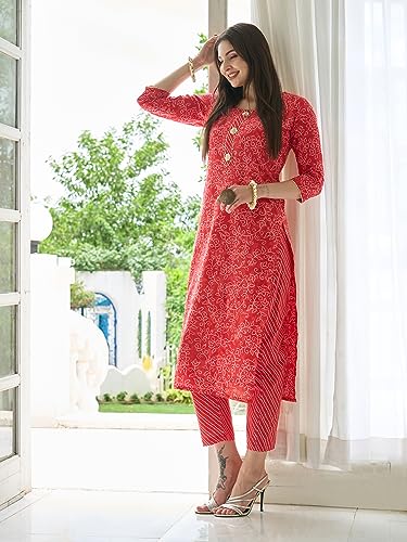 Anni Designer Women'S Cotton Blend Straight Printed Kurta With Pant Set (Edf-Red_Xxl_Red_Xx-Large),Red,2XL,Cotton Blend,Regular,Kurta
