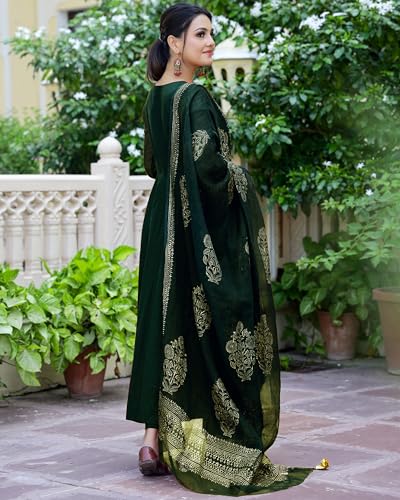 Anni Designer Women'S Rayon Blend Solid Anarkali Kurta With Pant & Dupatta (Magic-Green-Nw_S_Green_Small),Green,S,Cotton Blend,Kurta Set,Kurta, Scarf